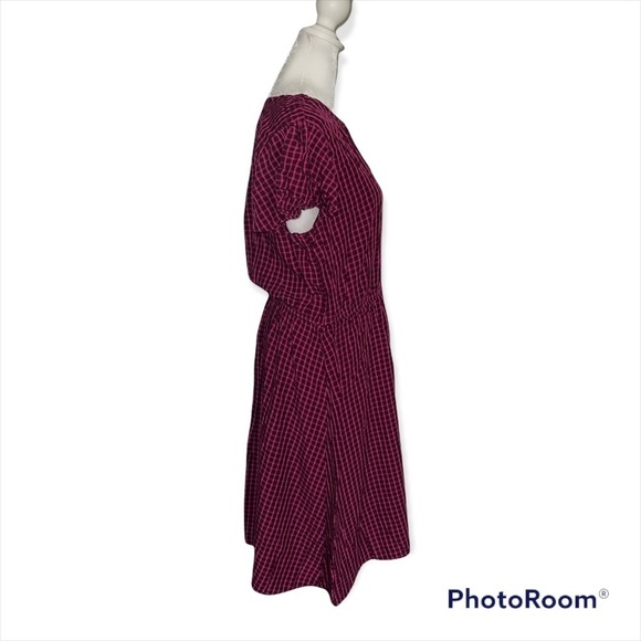 Womens‎ Plum Pink Plaid Gingham Elastic Waist Keyhole Neck Short Sleeve Dress L - Picture 3 of 4